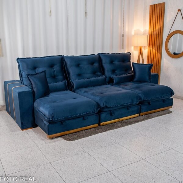 Sofá Retrátil Reclinável Mônaco 3.20m Veludo Azul A16 - Molas Ensacadas