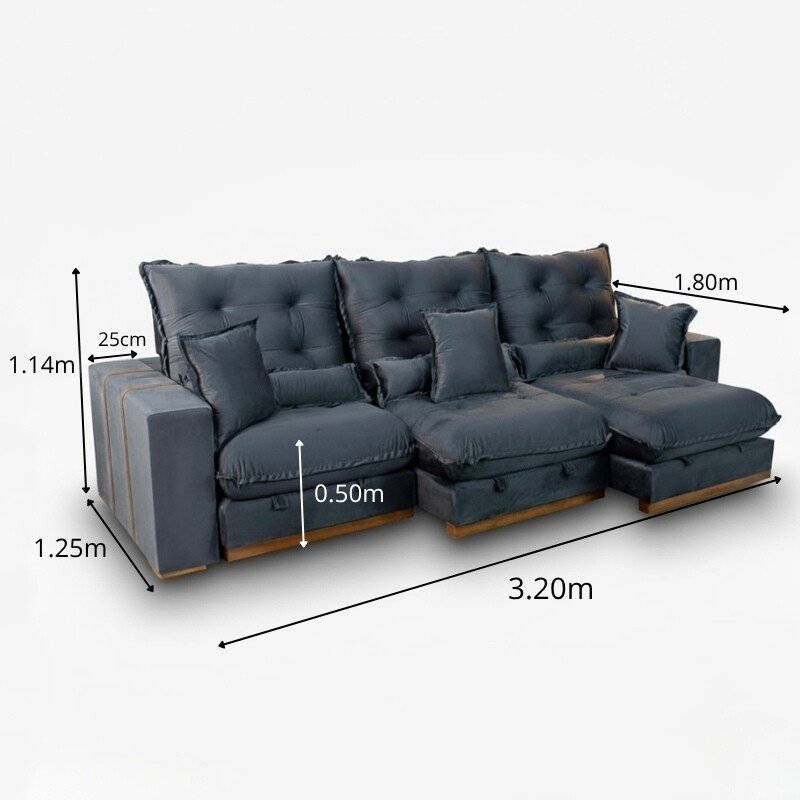 Sofá Retrátil Reclinável Mônaco 3.20m Veludo Cinza A15 - Molas Ensacadas - Imagem 2