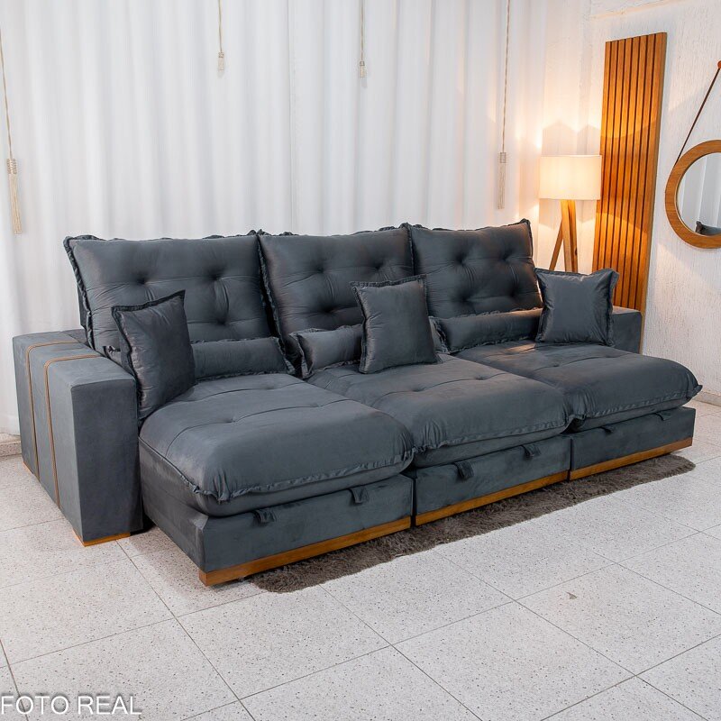 Sofá Retrátil Reclinável Mônaco 3.20m Veludo Cinza A15 - Molas Ensacadas - Imagem 3