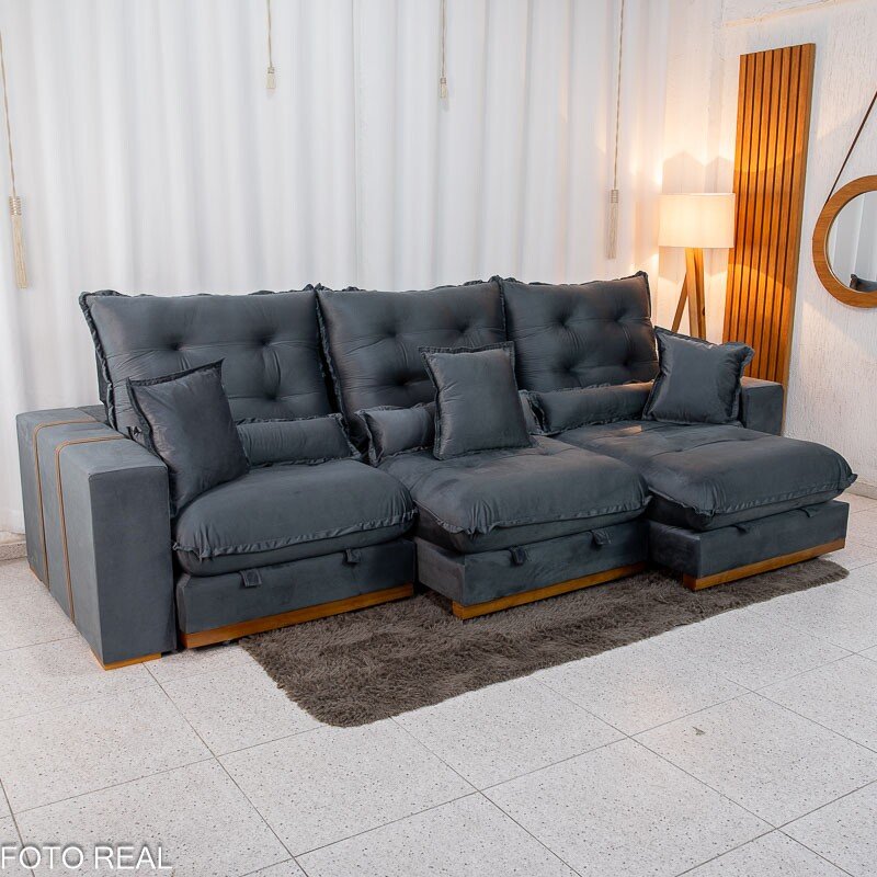 Sofá Retrátil Reclinável Mônaco 3.20m Veludo Cinza A15 - Molas Ensacadas - Imagem 4