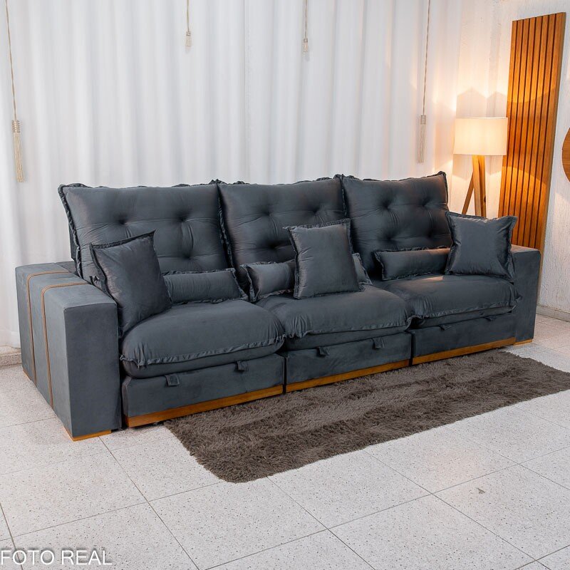 Sofá Retrátil Reclinável Mônaco 3.20m Veludo Cinza A15 - Molas Ensacadas - Imagem 5