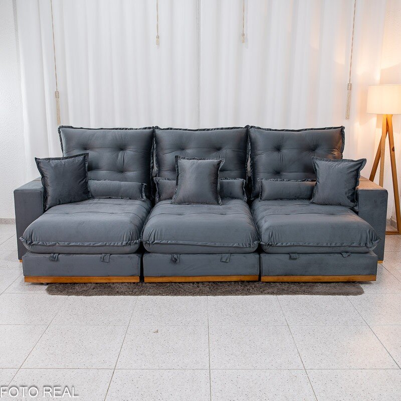 Sofá Retrátil Reclinável Mônaco 3.20m Veludo Cinza A15 - Molas Ensacadas - Imagem 6