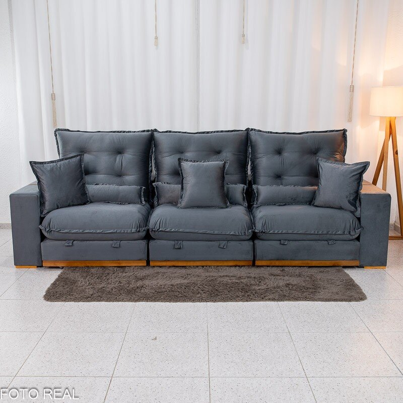 Sofá Retrátil Reclinável Mônaco 3.20m Veludo Cinza A15 - Molas Ensacadas - Imagem 7