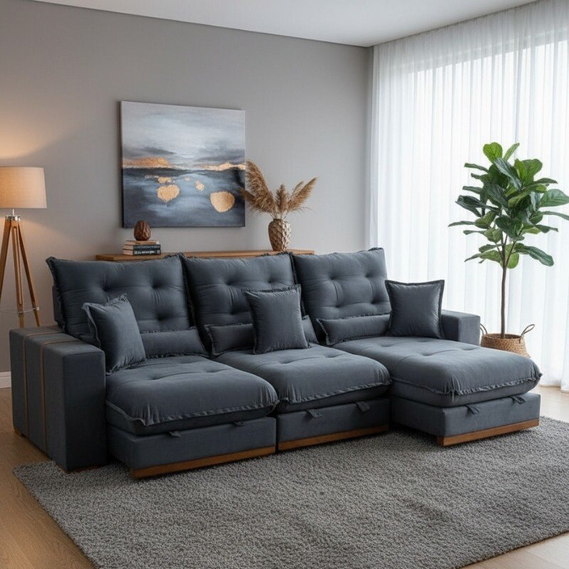 Sofá Retrátil Reclinável Mônaco 3.20m Veludo Cinza A15 - Molas Ensacadas