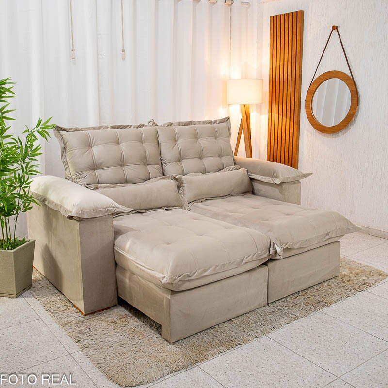 Sofá Retrátil Reclinável Maldivas 2.10m Veludo Bege A32 - D28 Pró Aditivada - Imagem 2
