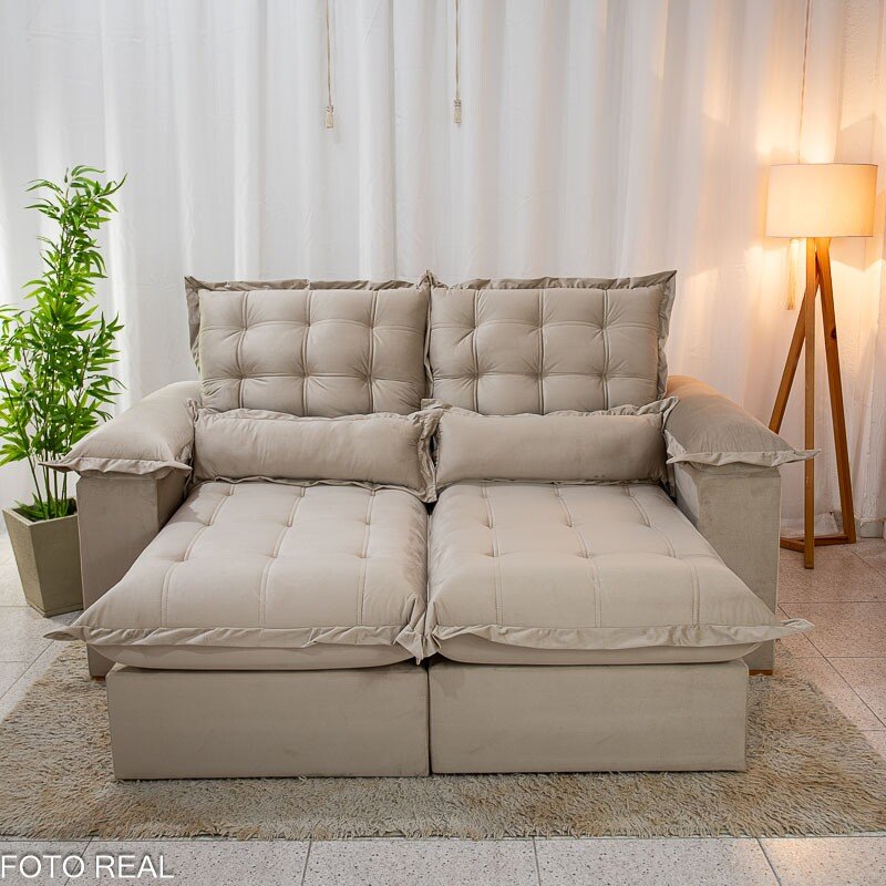 Sofá Retrátil Reclinável Maldivas 2.10m Veludo Bege A32 - D28 Pró Aditivada - Imagem 4