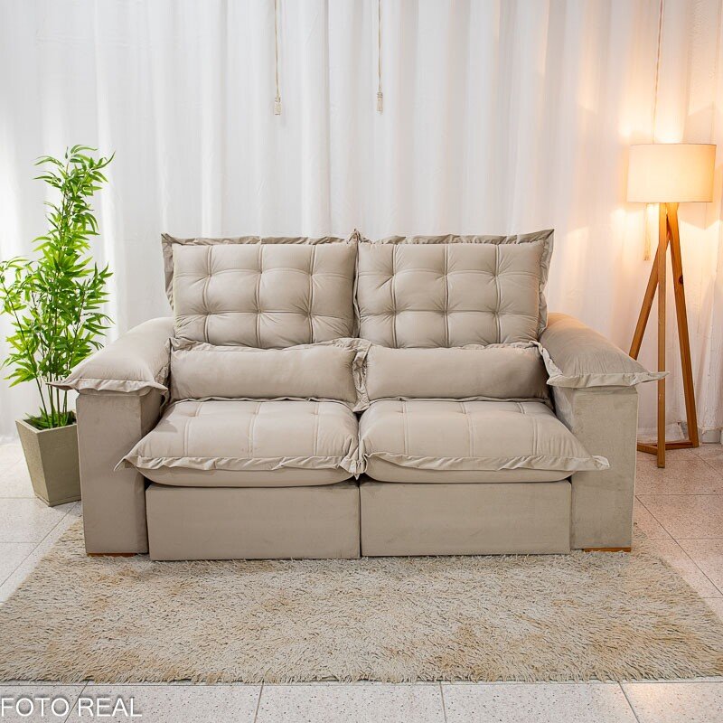 Sofá Retrátil Reclinável Maldivas 2.10m Veludo Bege A32 - D28 Pró Aditivada - Imagem 5