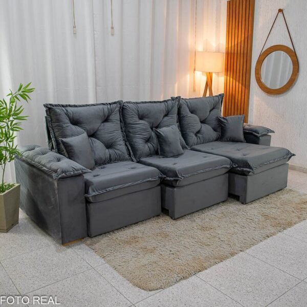 Sofá Retrátil Reclinável Porto Madri 2.70m Veludo Cinza - D28 Pró Aditivada