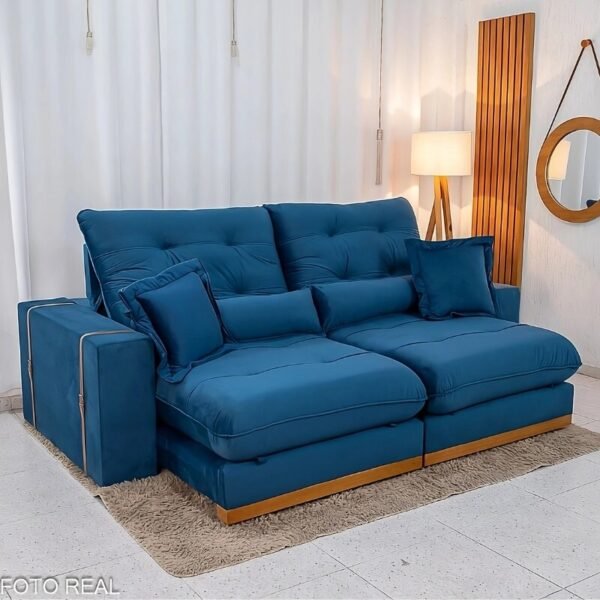 Sofá Retrátil Reclinável Toronto 2.50m Veludo Azul 4061 - Molas Ensacadas