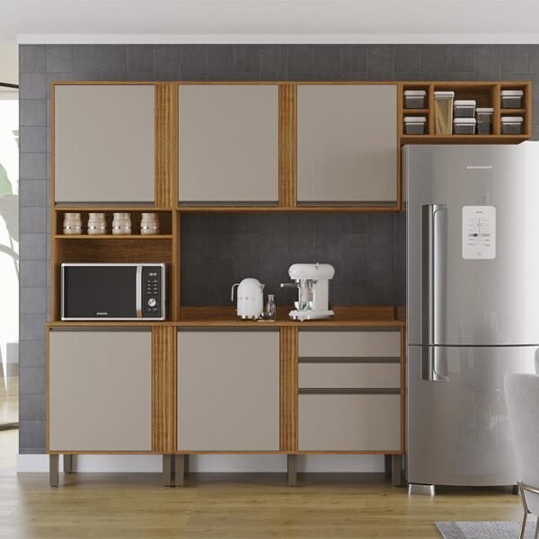 Torre Quente Cozinha Pérola + Balcão 1.20m + Aéreo 1 Portas 1.20m + Armário de geladeira Pérola Cinamomo/Off Sallêto