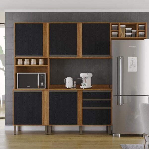 Torre Quente Cozinha Pérola + Balcão 1.20m + Aéreo 1 Portas 1.20m + Armário de geladeira Pérola Cinamomo/Grafite Sallêto